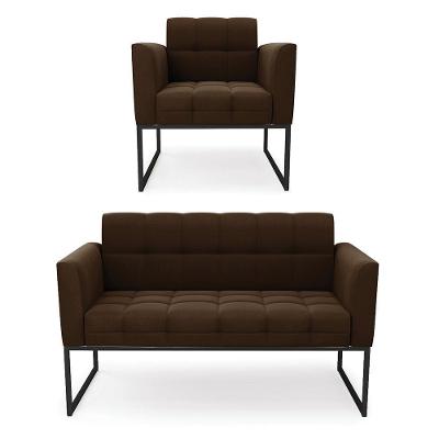 Kit 1 Sofá Namoradeira E 1 Poltrona Elisa Suede Base Metálica Industrial Preto - D'rossi Cor Marrom