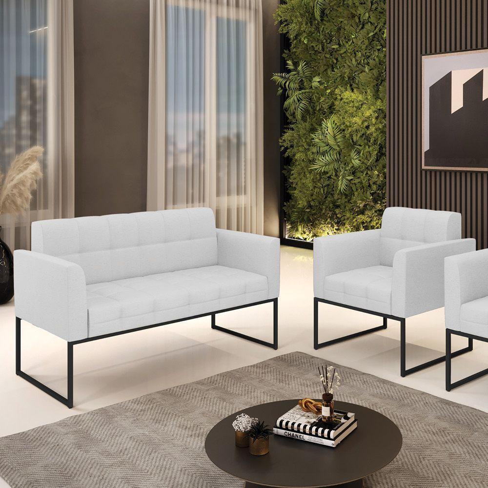 Kit 1 Sofá Namoradeira E 1 Poltrona Elisa Linho Cinza A05 Base Metálica Industrial Preto - D'rossi - 6