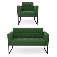 Kit 1 Sofá Namoradeira E 1 Poltrona Elisa Suede Base Metálica Industrial Preto - D'rossi Cor Verde - 1