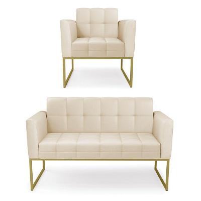 Kit 1 Sofá Namoradeira E 1 Poltrona Elisa Corino Base Metálica Industrial Dourado - D'rossi Cor Bege