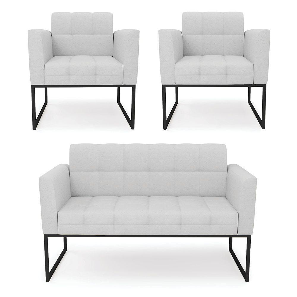 Kit 1 Sofá Namoradeira E 2 Poltronas Elisa Linho Cinza A05 Base Metálica Industrial Preto - D'rossi - 1