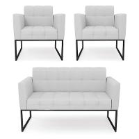 Kit 1 Sofá Namoradeira E 2 Poltronas Elisa Linho Cinza A05 Base Metálica Industrial Preto - D'rossi - 1