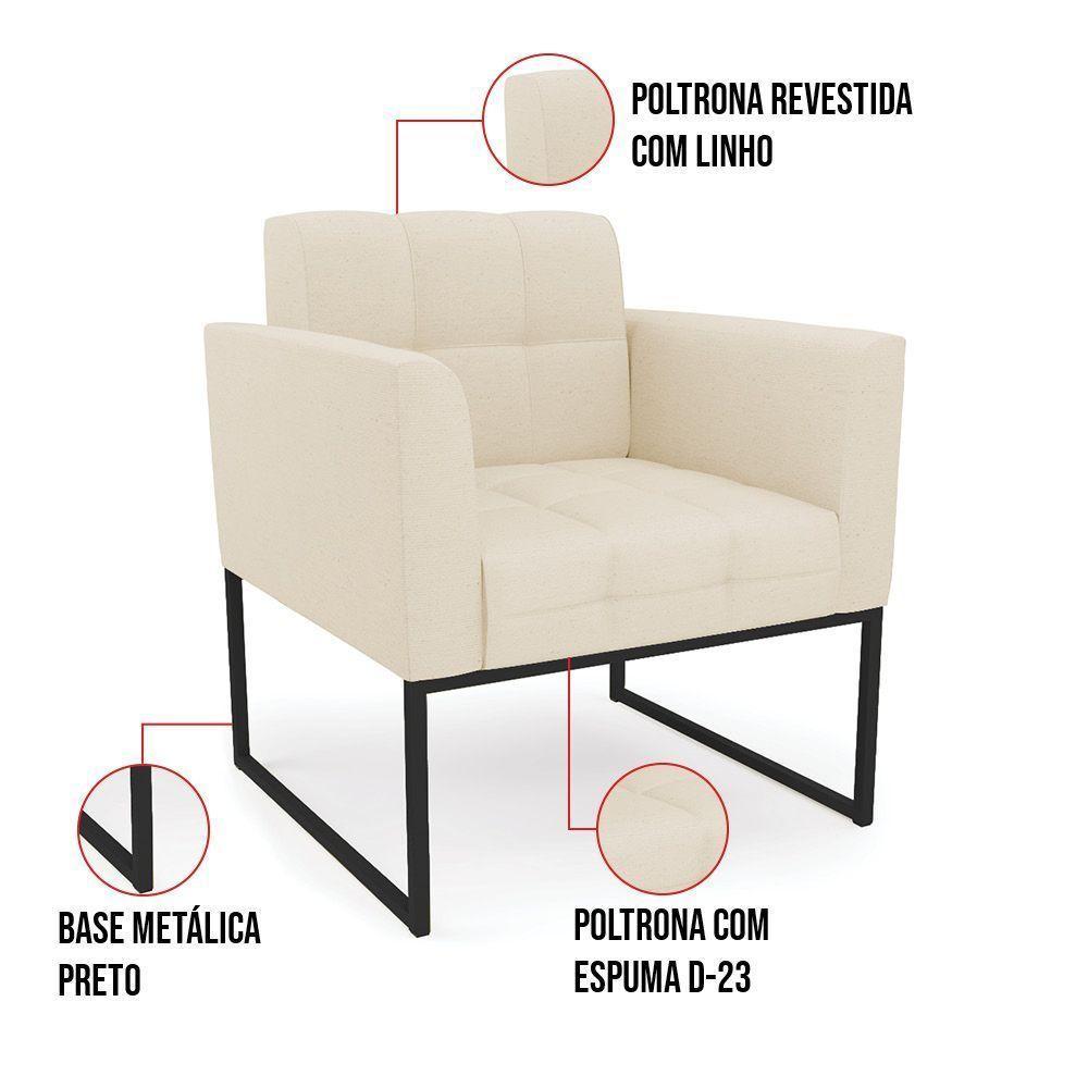 Kit 1 Sofá Namoradeira E 2 Poltronas Elisa Linho Bege A19 Base Metálica Industrial Preto - D'rossi - 6