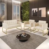 Kit 1 Sofá Namoradeira E 2 Poltronas Elisa Corino Bege Base Metálica Industrial Dourado - D'rossi
