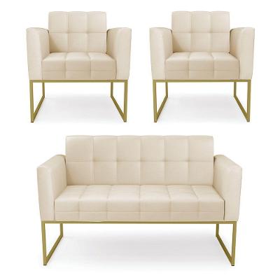 Kit 1 Sofá Namoradeira E 2 Poltronas Elisa Corino Base Metálica Industrial Dourado - D'rossi Cor Bege