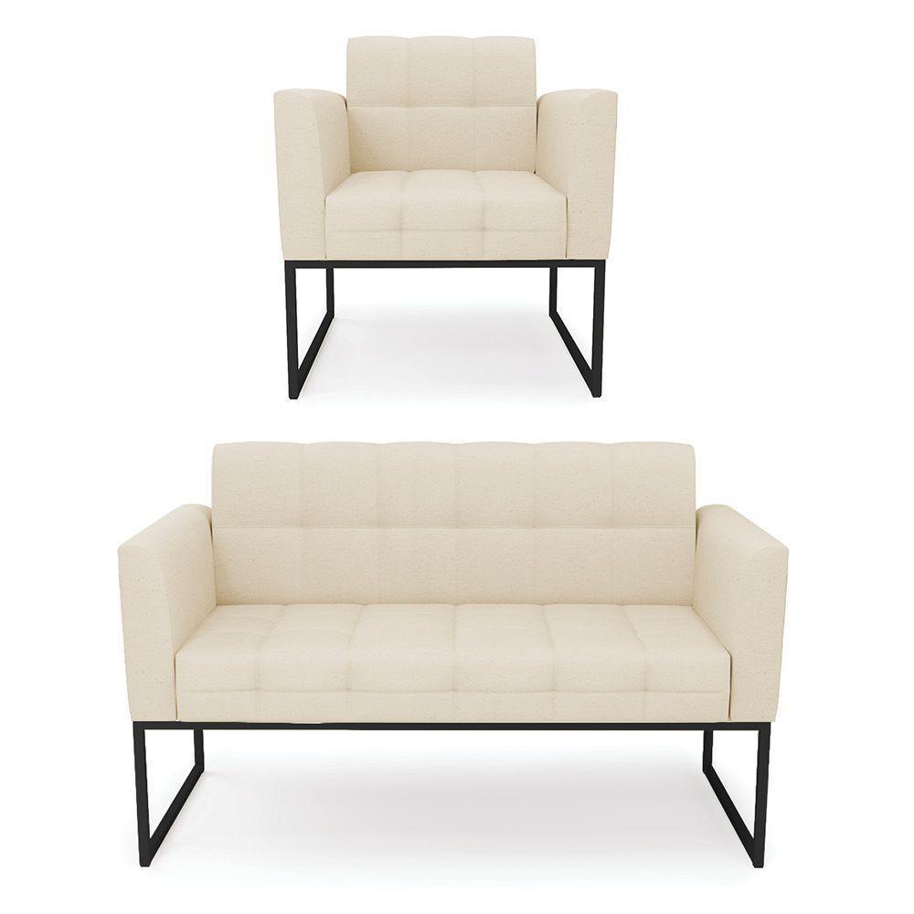 Kit 1 Sofá Namoradeira E 1 Poltrona Linho Base Metálica Industrial Preto - D'rossi Cor A19 Bege - 1