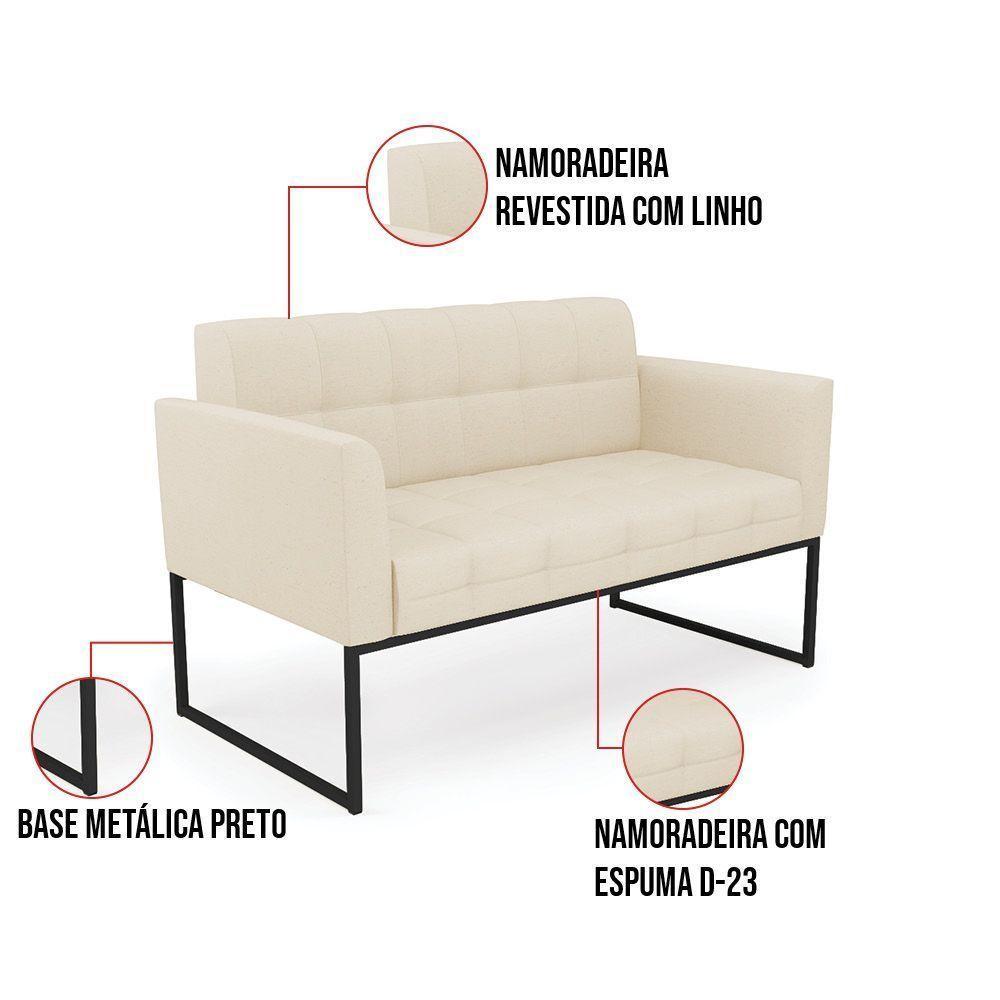Kit 1 Sofá Namoradeira E 1 Poltrona Linho Base Metálica Industrial Preto - D'rossi Cor A19 Bege - 4
