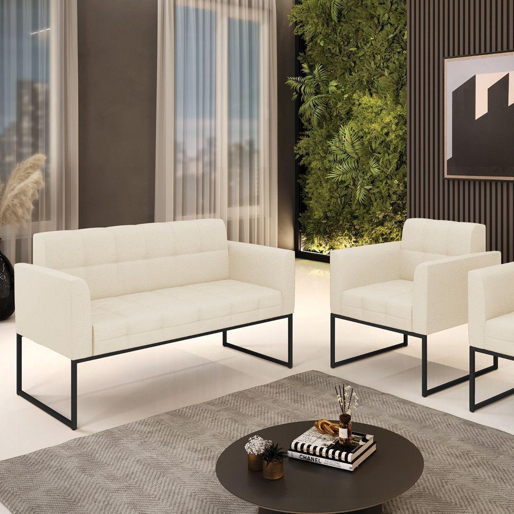 Kit 1 Sofá Namoradeira E 1 Poltrona Linho Base Metálica Industrial Preto - D'rossi Cor A19 Bege - 6