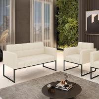 Kit 1 Sofá Namoradeira E 1 Poltrona Linho Base Metálica Industrial Preto - D'rossi Cor A19 Bege - 6