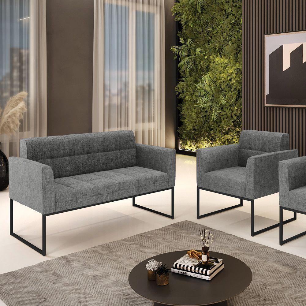 Kit 1 Sofá Namoradeira E 1 Poltrona Linho Base Metálica Industrial Preto - D'rossi Cor A26 Grafite - 7