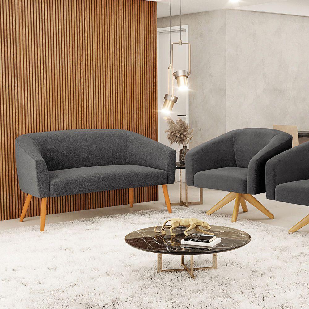 Kit 1 Sofá Namoradeira E 1 Poltrona Stella Bouclê Grafite Base De Madeira Ma30 - D'rossi - 3