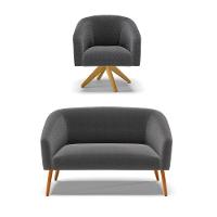 Kit 1 Sofá Namoradeira E 1 Poltrona Stella Bouclê Grafite Base De Madeira Ma30 - D'rossi - 1