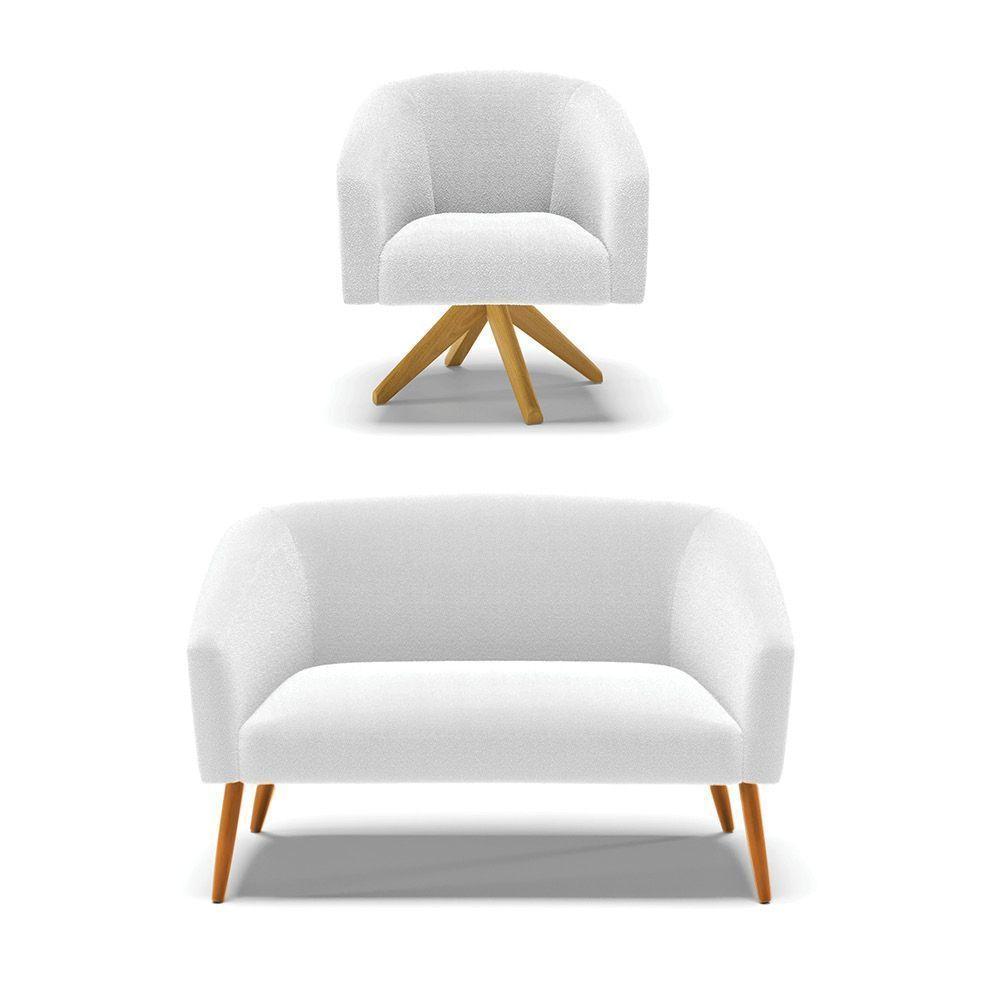 Kit 1 Sofá Namoradeira E 1 Poltrona Stella Bouclê Off White Base De Madeira Ma30 - D'rossi - 1