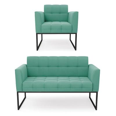 Kit 1 Sofá Namoradeira E 1 Poltrona Suede Base Metálica Industrial Preto D'rossi Cor Azul Turquesa