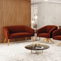 Kit 1 Sofá Namoradeira E 1 Poltrona Stella Bouclê Base De Madeira Ma30 - D'rossi Cor Terra - 8