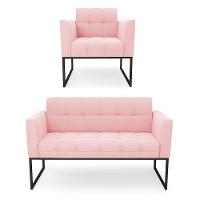 Kit 1 Sofá Namoradeira E 1 Poltrona Suede Base Metálica Industrial Preto - D'rossi Cor Rosa Bebê - 1