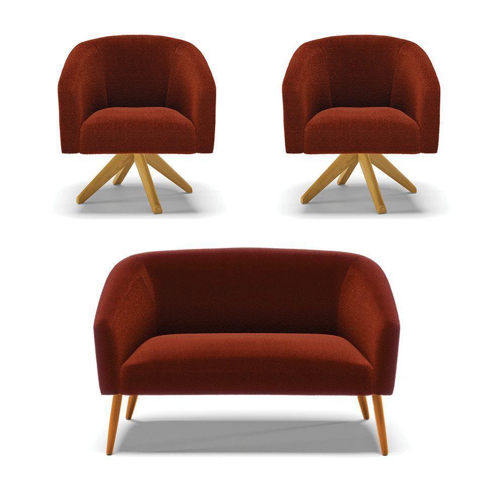 Kit 1 Sofá Namoradeira E 2 Poltronas Stella Bouclê Terra Base De Madeira Ma30 - D'rossi - 1