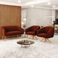 Kit 1 Sofá Namoradeira E 2 Poltronas Stella Bouclê Base De Madeira Ma30 - D'rossi Cor Terra - 3