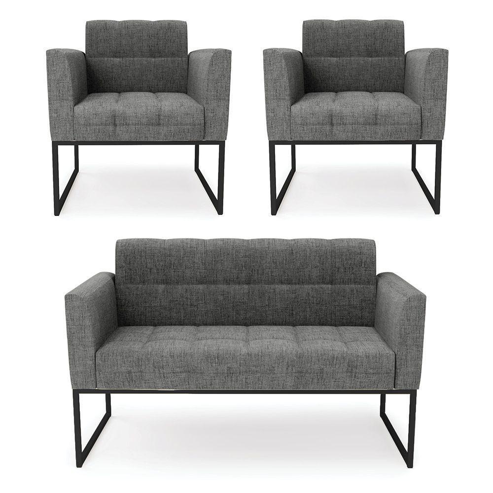 Kit 1 Sofá Namoradeira E 2 Poltronas Linho Grafite A26 Base Metálica Industrial Preto - D'rossi - 1