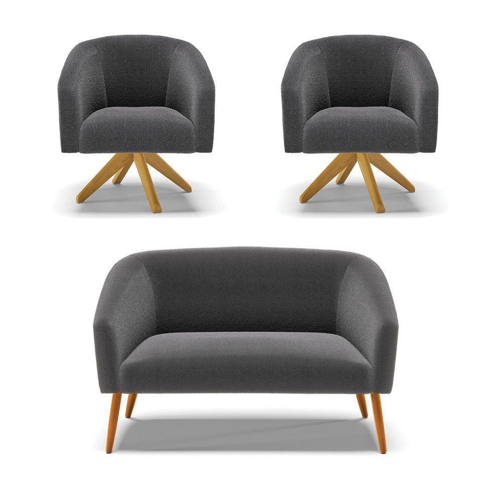 Kit 1 Sofá Namoradeira E 2 Poltronas Stella Bouclê Grafite Base De Madeira Ma30 - D'rossi - 1