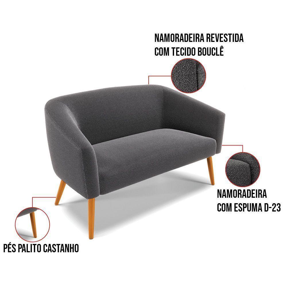 Kit 1 Sofá Namoradeira E 2 Poltronas Stella Bouclê Base De Madeira Ma30 - D'rossi Cor Grafite - 2