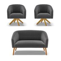 Kit 1 Sofá Namoradeira E 2 Poltronas Stella Bouclê Base De Madeira Ma30 - D'rossi Cor Grafite - 1