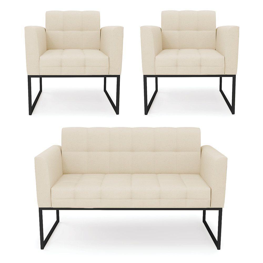 Kit 1 Sofá Namoradeira E 2 Poltronas Linho Base Metálica Industrial Preto - D'rossi Cor A19 Bege - 1