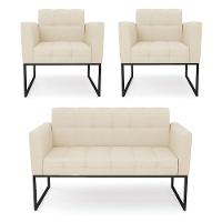 Kit 1 Sofá Namoradeira E 2 Poltronas Linho Base Metálica Industrial Preto - D'rossi Cor A19 Bege - 1