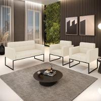 Kit 1 Sofá Namoradeira E 2 Poltronas Linho Base Metálica Industrial Preto - D'rossi Cor A19 Bege