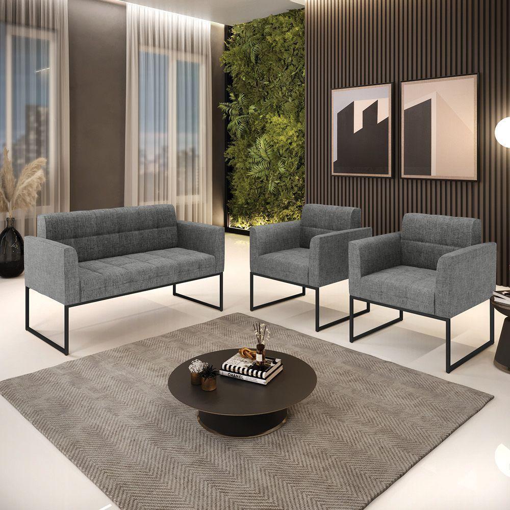 Kit 1 Sofá Namoradeira E 2 Poltronas Linho Base Metálica Industrial Preto - D'rossi Cor A26 Grafite - 8