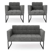 Kit 1 Sofá Namoradeira E 2 Poltronas Linho Base Metálica Industrial Preto - D'rossi Cor A26 Grafite - 1