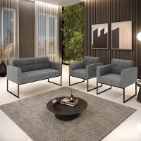 Kit 1 Sofá Namoradeira E 2 Poltronas Linho Base Metálica Industrial Preto - D'rossi Cor A26 Grafite - 8