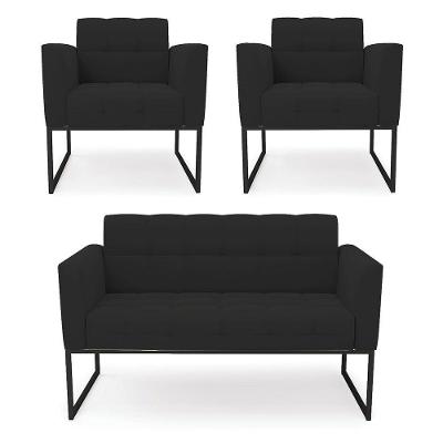 Kit 1 Sofá Namoradeira E 2 Poltronas Elisa Veludo Preto Base Metálica Industrial Preto - D'rossi