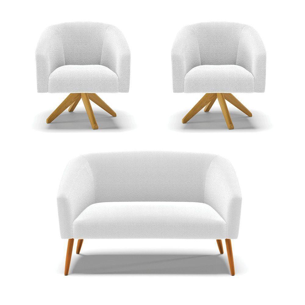 Kit 1 Sofá Namoradeira E 2 Poltronas Stella Bouclê Off White Base De Madeira Ma30 - D'rossi - 1