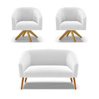 Kit 1 Sofá Namoradeira E 2 Poltronas Stella Bouclê Off White Base De Madeira Ma30 - D'rossi - 1