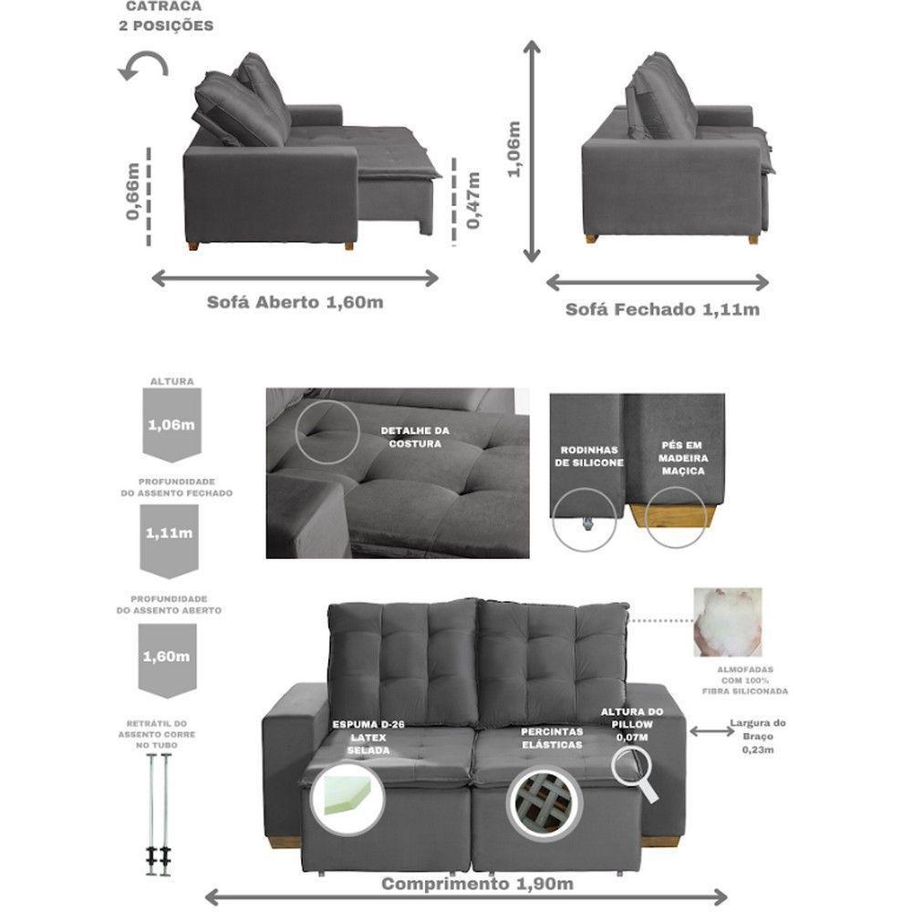 Sofá 3 Lugares 1.90 Mt Com Molas Retrátil E Reclinável Cinza - 8