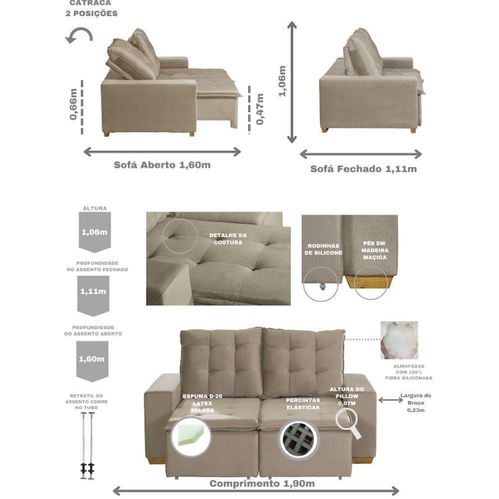 Sofá 3 Lugares 1.90 Mt Com Molas Retrátil E Reclinável Bege - 9