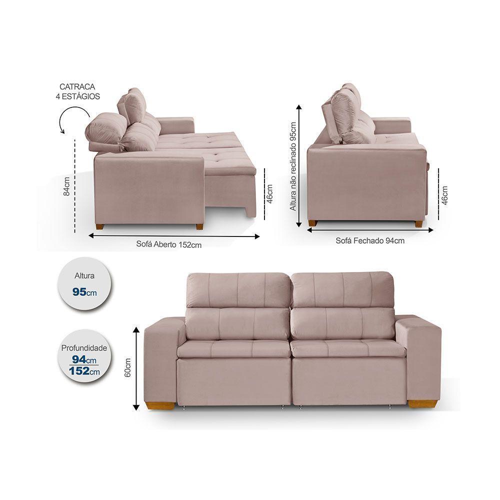 Sofá 3 Lugares 195cm Com Molas, Retrátil E Reclinável Rose - 4