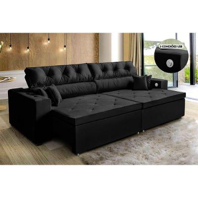 Sofá 3 Lugares Retrátil 2,02 M, Tecnologia Usb Preto