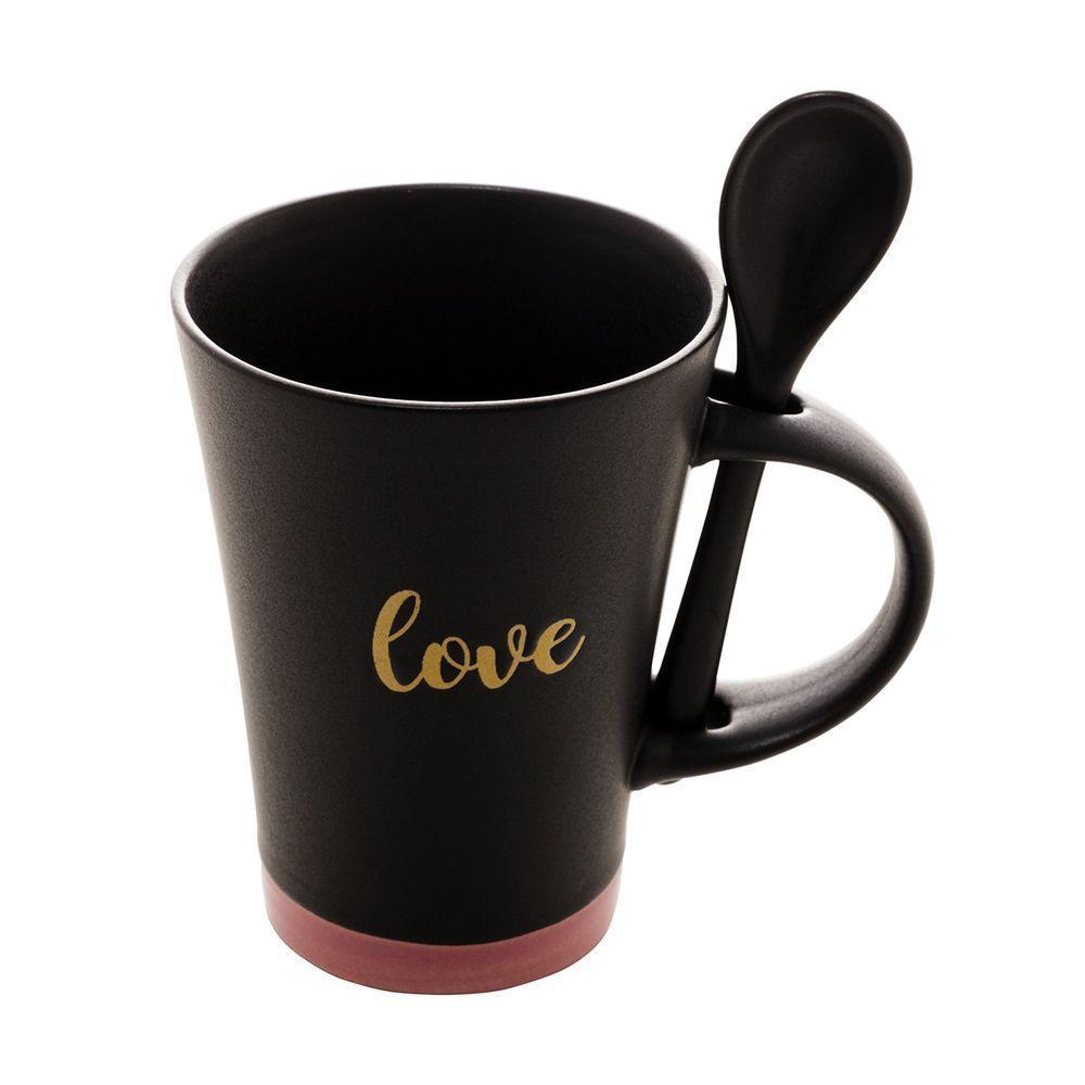 Caneca De Cerâmica Love Preta 310ml Com Colher - 1