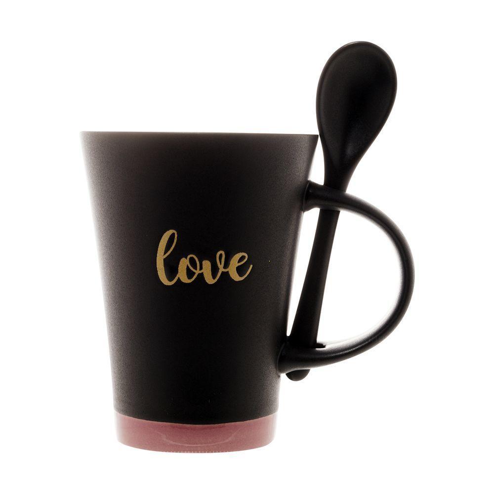 Caneca De Cerâmica Love Preta 310ml Com Colher - 2