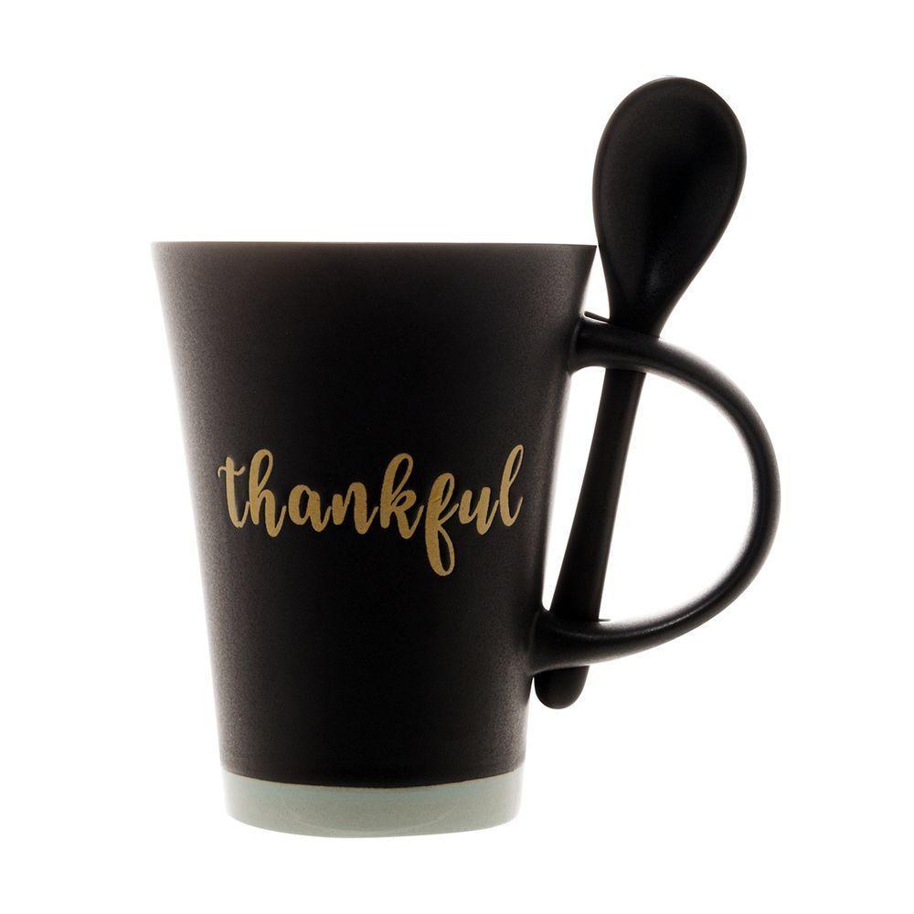 Caneca De Cerâmica Thankful Preta 310ml Com Colher - 1