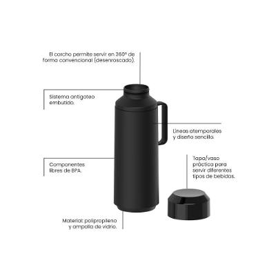 Garrafa Térmica Tramontina Preto Ampola De Vidro E Tampa 1L