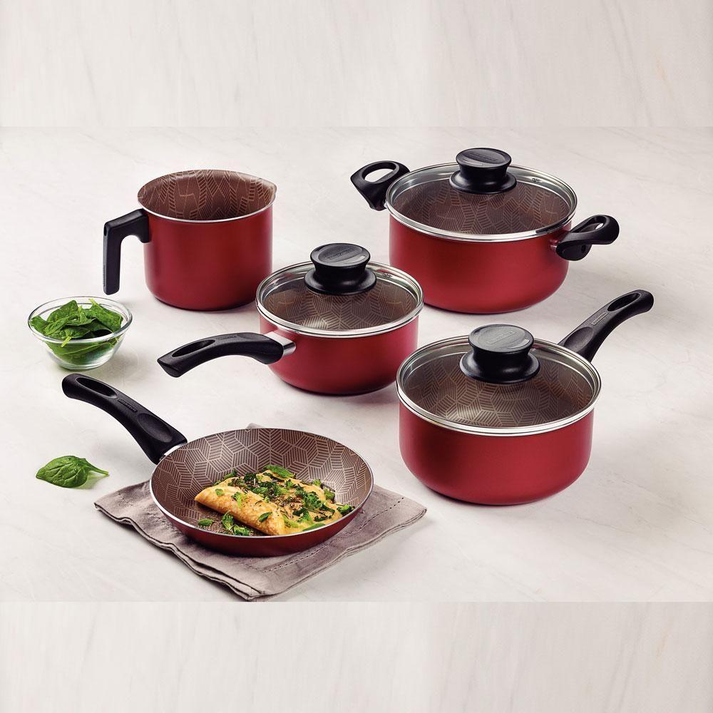 Conjunto De Panelas Paris 5 Peças Em Alumínio Antiaderente Vermelho - Tramontina 28599701 - 2