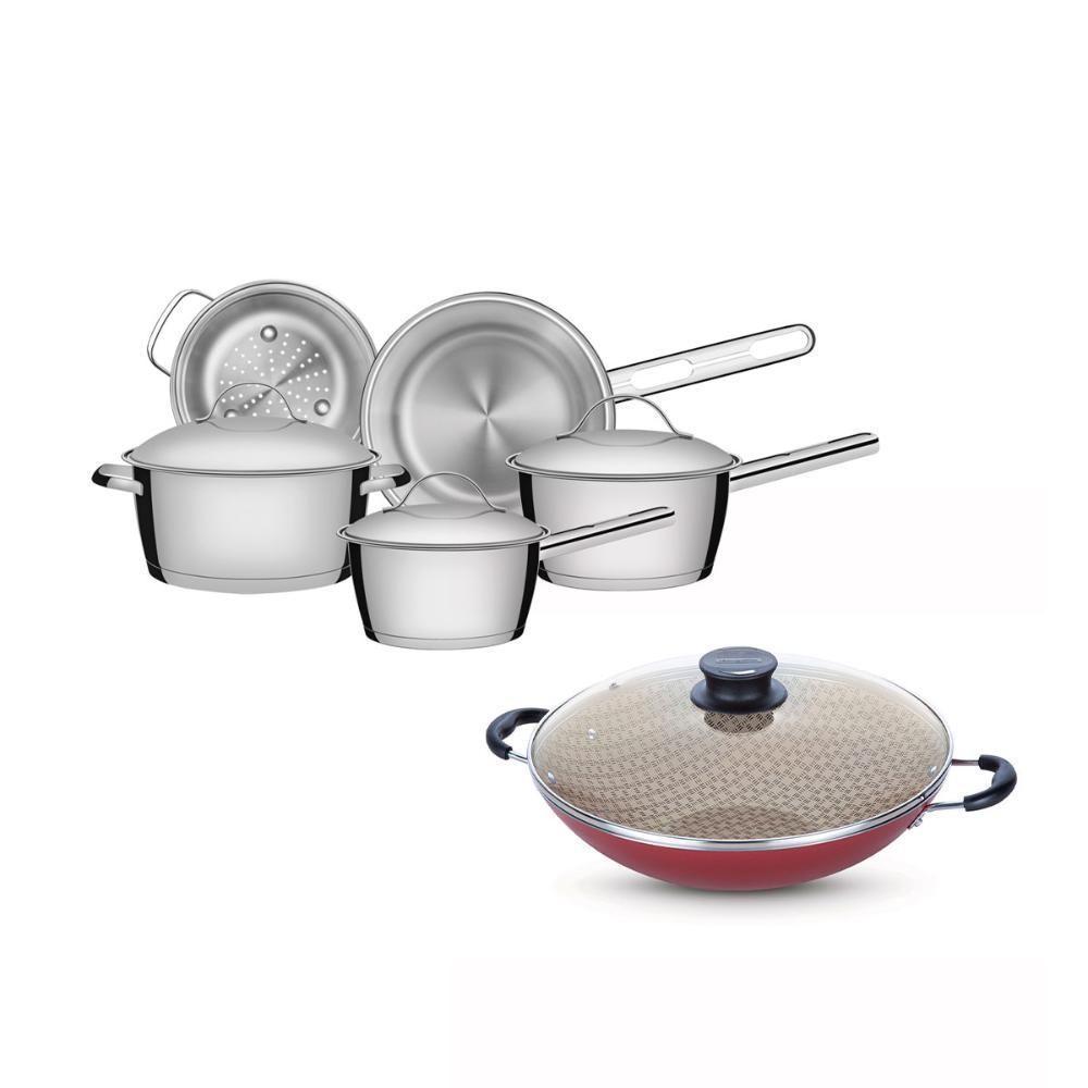Kit - Jogo De Panelas Allegra 5 Pçs Inox + Panela Wok Alumínio Paris 36cm Vermelha - Tramontina - 1