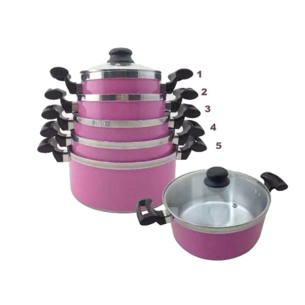 Jogo Panelas Alumínio Rosa Tampa de Vidro 5 Peças - 1