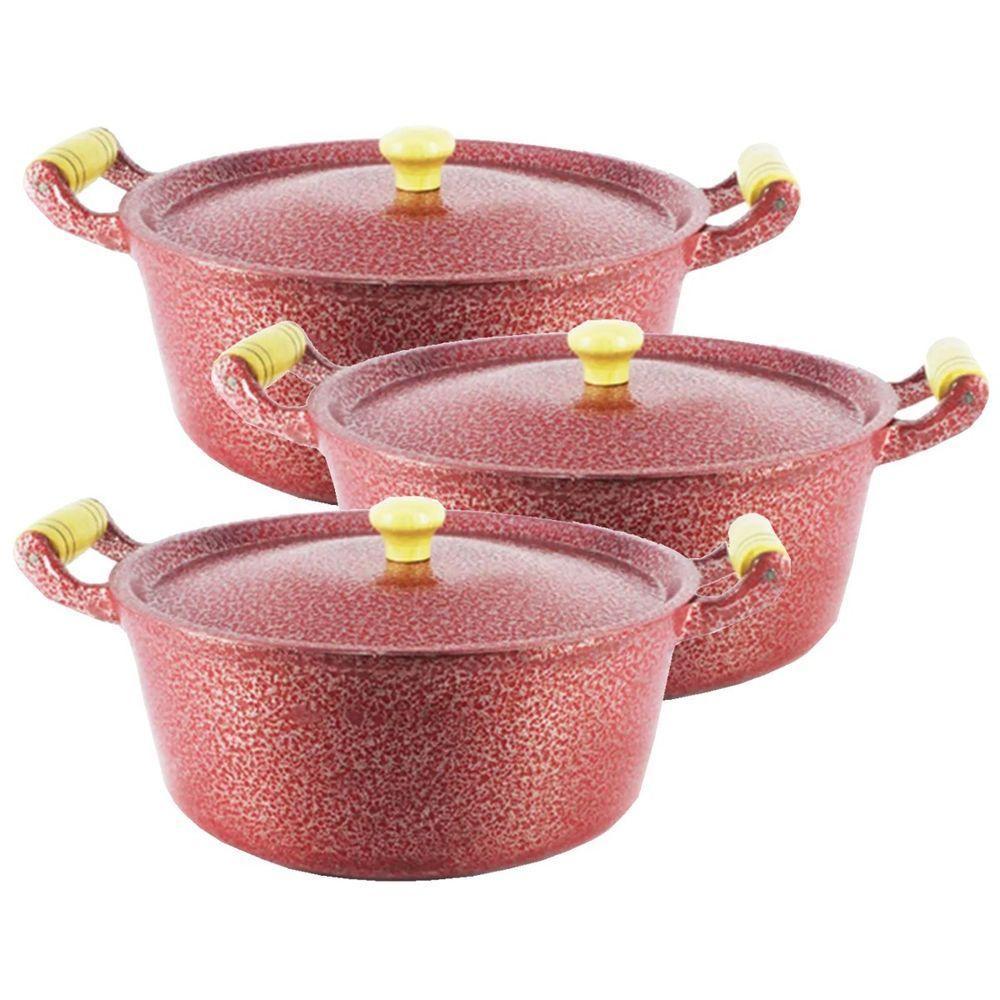 Kit 3 Caçarola Alumínio Craqueada Vermelha Alça Madeira 20Cm. - 1