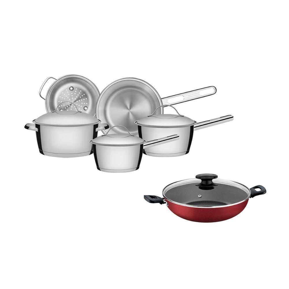 Kit - Jogo De Panelas Allegra 5 Pçs Inox + Panela Wok Alumínio Loreto 28cm Vermelha - Tramontina - 1