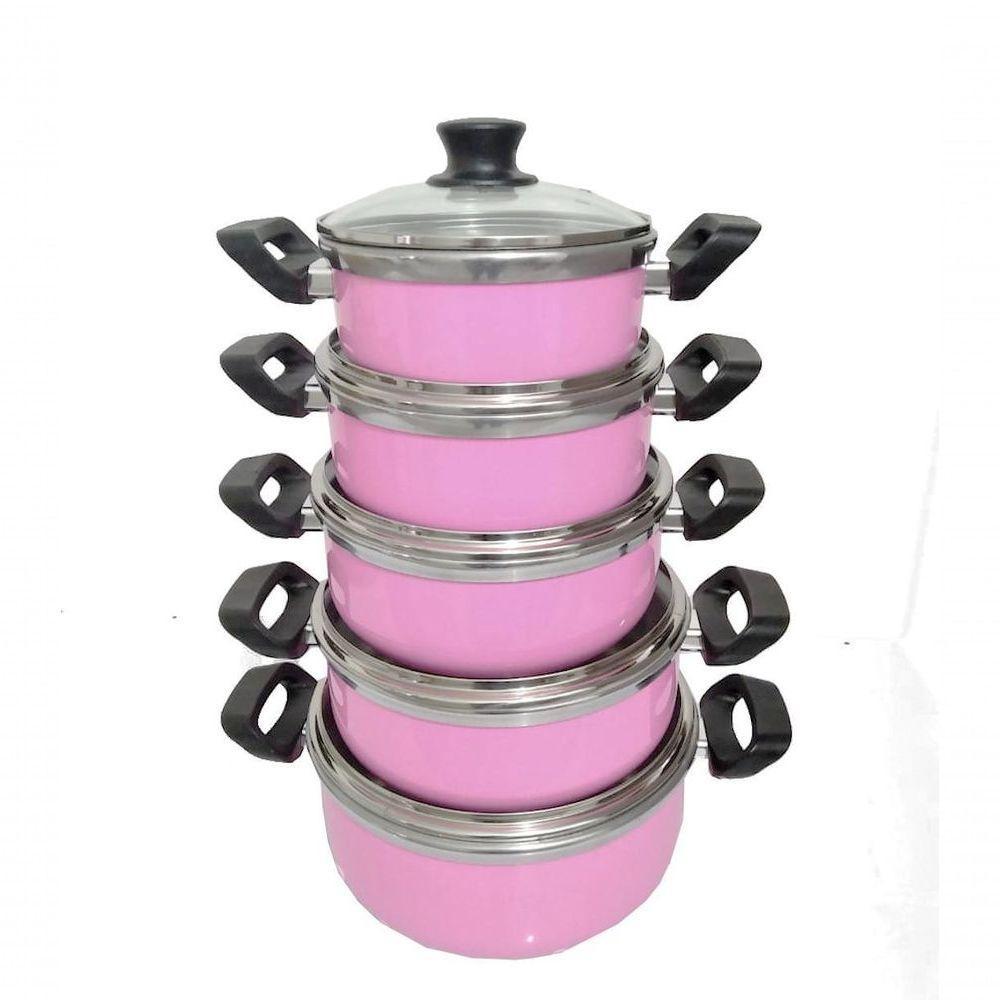 Jogo De 5 Panelas Rosa Alumínio Grosso Com Tampa De Vidro - 1