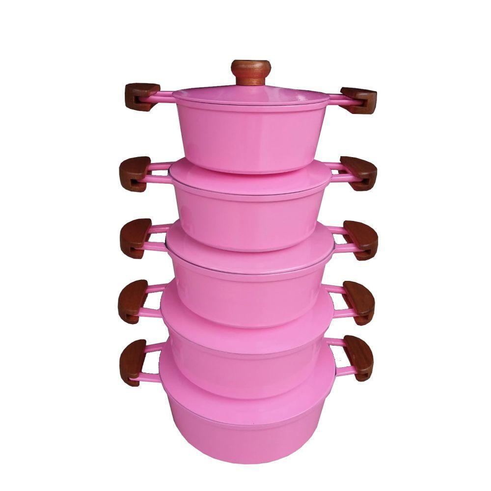 Jogo 5 Panelas Alumínio Batido Fundido Rosa Com Tampa Pesada - 1